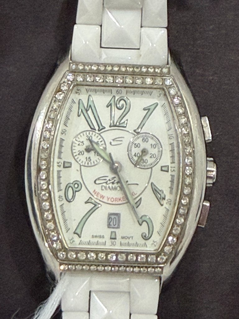 Vintage Elini Barokas New Yorker Diamond Swiss Chrono Watch White Ceramic Strap